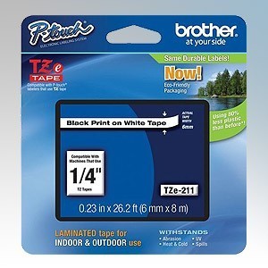 Brother TZE211 P-Touch Black on White Labelling Tape For PT-E300VP Label Printer 6mm x 8m