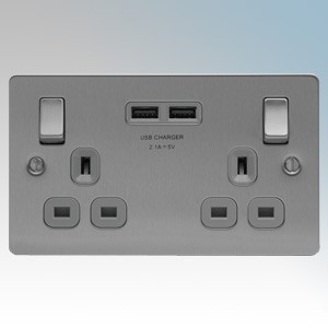BG Electrical SBS22UG3 Nexus Brushed Steel Screwed Flat Plate 2 Gang DP Switchsocket With 2 x USB Ports 3.1A & Outboard Rocker 13A       